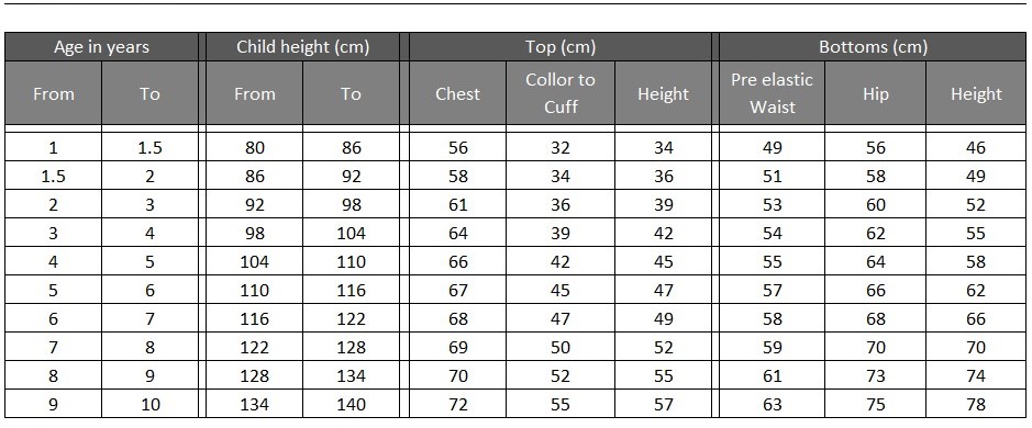 Pyjama sizing chart